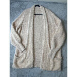 Anthropologie Wool Blend Fuzzy Knit Open Front Cardigan Sweater Pink Mauve Large